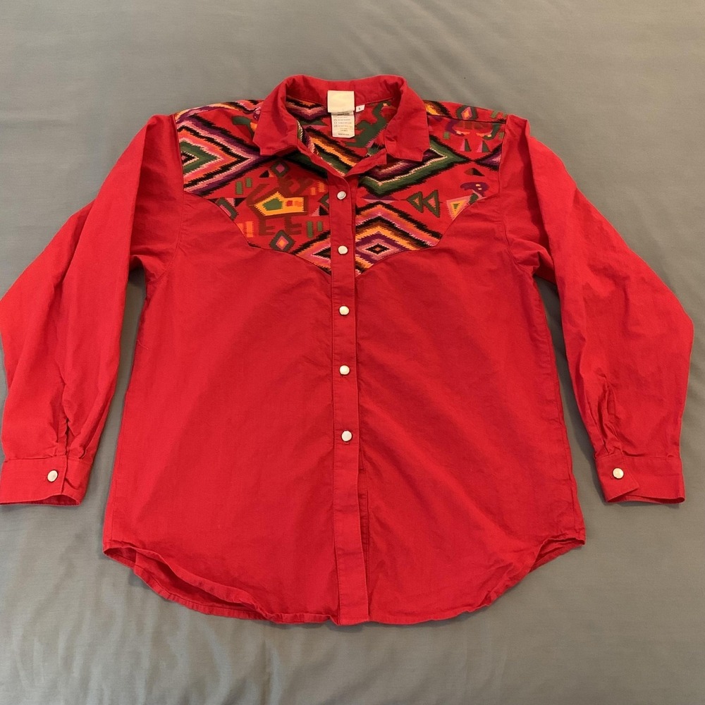 Vintage Desert West By Sherry Holt‎ Shirt Womens Large Red Western Snap USA 80s